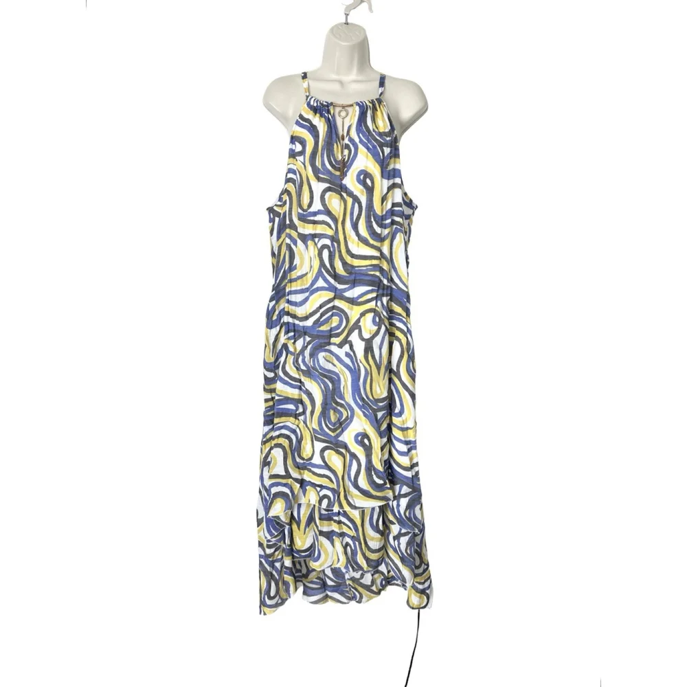 Mlle Gabrielle Halter Tiered Hi Low Maxi Dress Size 3X Abstract Boho Flowy Party - Picture 13 of 16